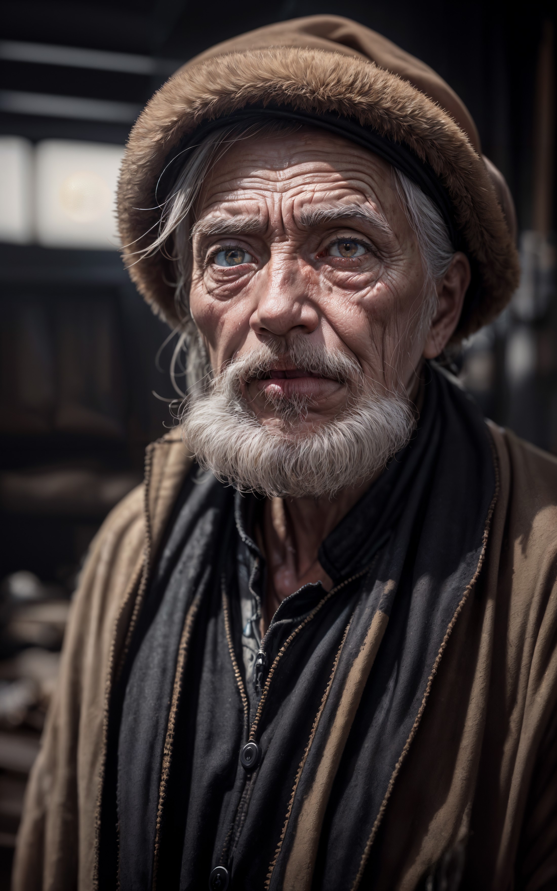 glamour portrait shot (from above:0.5) of poor russian 1800 old worker in rags, ((overwhelming fatigue)), wrinkles of age,...